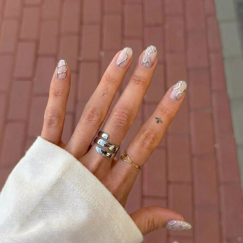 Chrome Details Ongles bandes patch gel nude chromé argenté collection Noholita x Lili Creuk x The Care Gel