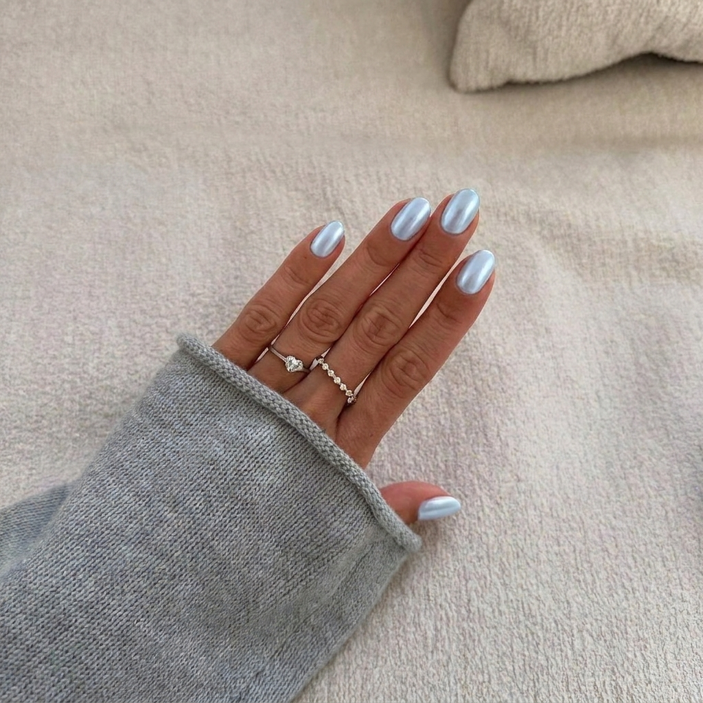 Baby blue chrome patch gel nail art Ongles Manucure collection Noholita x Lili Creuk x The Care Gel 